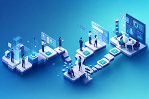 Isometric Tech Platform with Stepped AI Progress Milestones