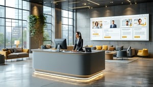 The image depicts a modern law office reception area bathed in soft natural light from large windows A sleek minimalist desk sits at the forefront equipped with a stateoftheart computer displaying a welcoming website interface Behind the desk a frien