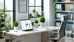 The image depicts a modern minimalist office space designed for a solo attorney A sleek desk clutterfree and organized holds a laptop open to a legal software application showcasing userfriendly interfaces A large window allows natural light to flood-1
